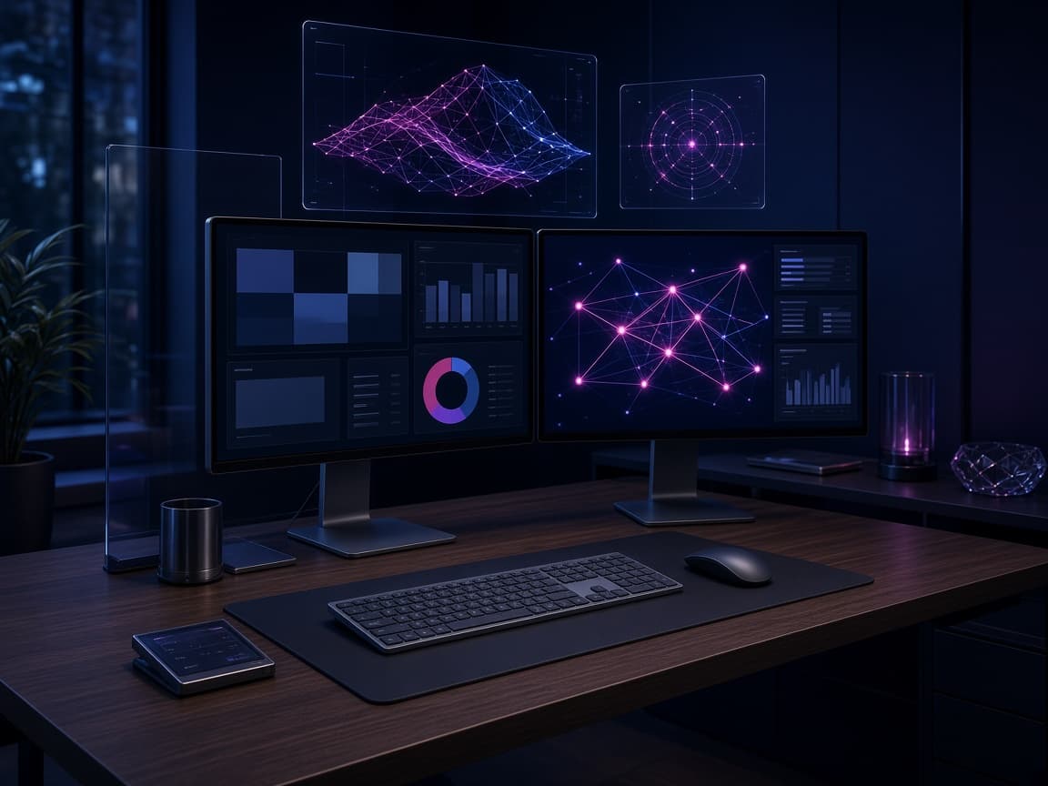 A dark workspace with dual screens showing connected systems.