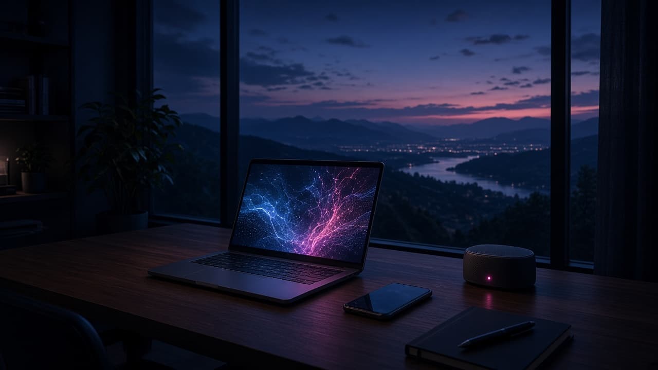 A dark studio desk looking over the Fraser Valley at dusk, lit in navy and magenta.