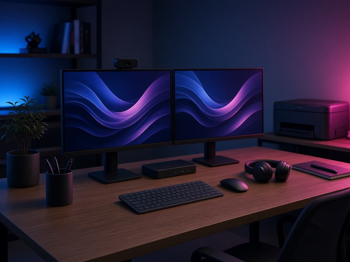 A home office desk with dual monitors, a dock, headset and printer.